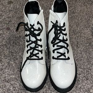 girls white and black sparkle combat boots